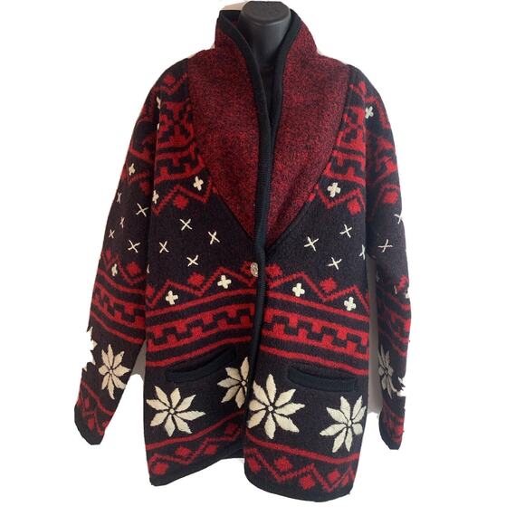 Vtg Bellpointe Wool Black Red Snowflake Cardigan Sweater Blazer Silver Buttons M - Picture 1 of 12